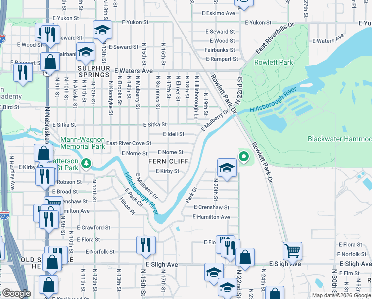 map of restaurants, bars, coffee shops, grocery stores, and more near 1710 East River Cove Street in Tampa