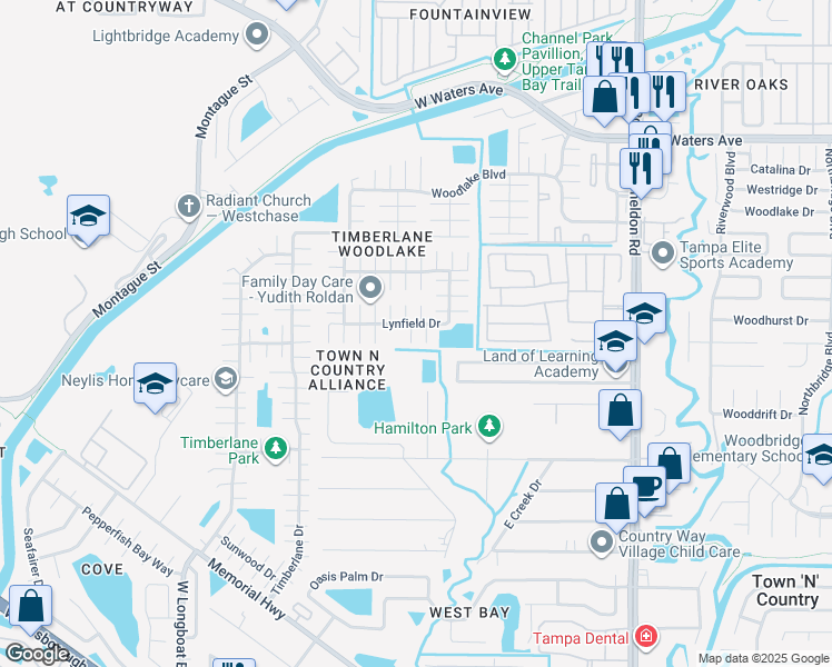 map of restaurants, bars, coffee shops, grocery stores, and more near 9704 Sunbury Court in Tampa