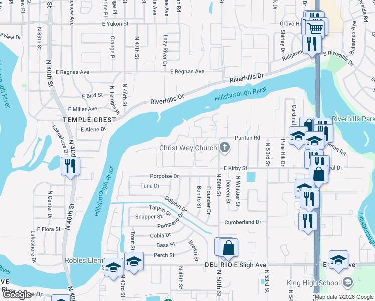 map of restaurants, bars, coffee shops, grocery stores, and more near 7890 Edward Spray Road in Tampa