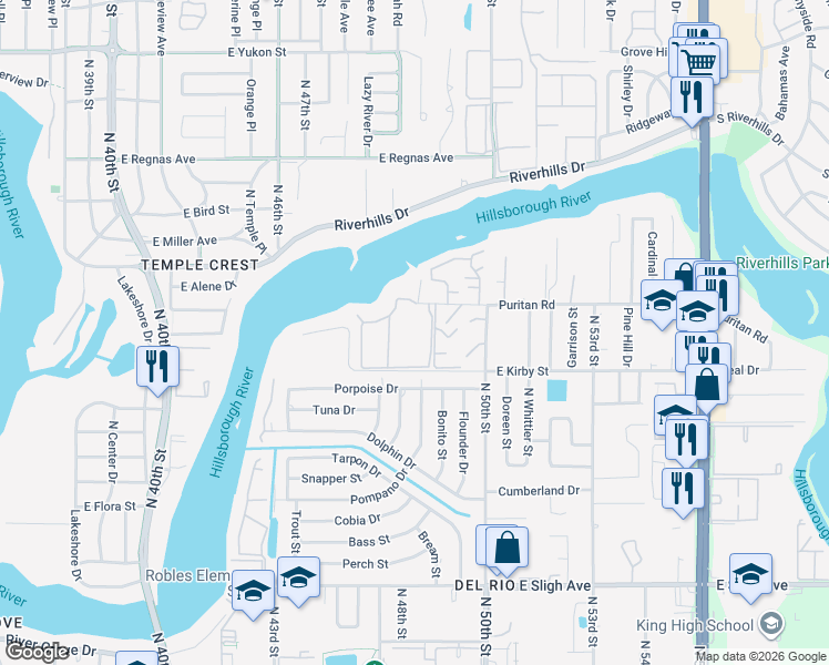 map of restaurants, bars, coffee shops, grocery stores, and more near 7890 Edward Spray Road in Tampa