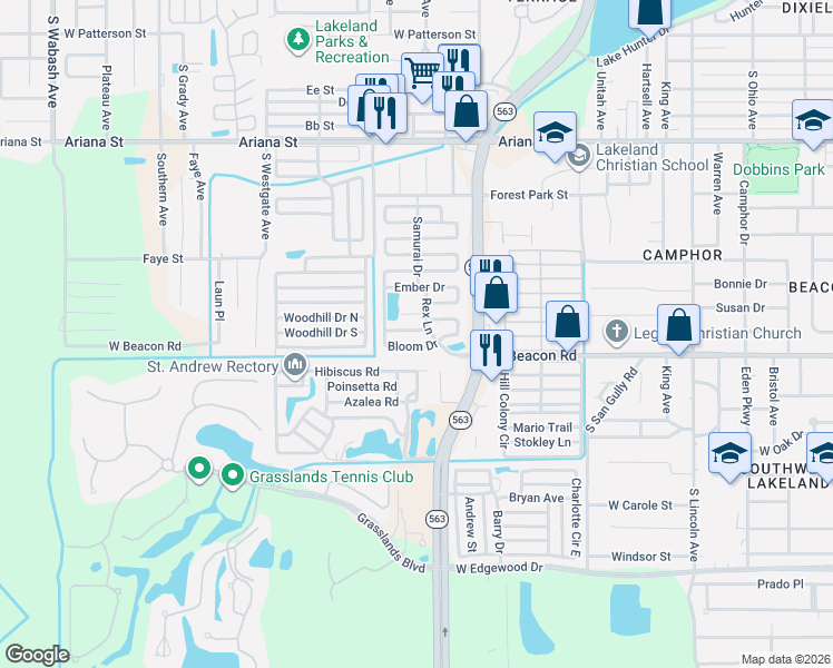 map of restaurants, bars, coffee shops, grocery stores, and more near 262 Dahlia Drive in Lakeland