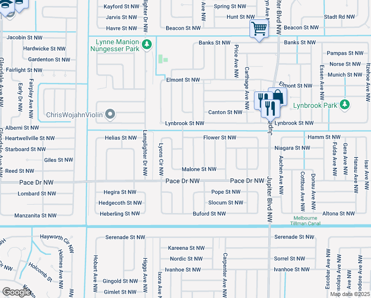 map of restaurants, bars, coffee shops, grocery stores, and more near 924 Highland Avenue Northwest in Palm Bay