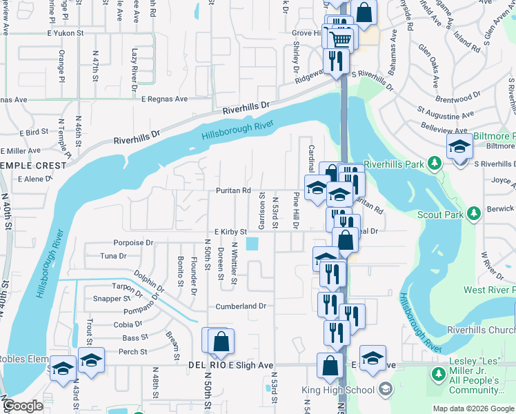 map of restaurants, bars, coffee shops, grocery stores, and more near 7812 Garrison Street in Tampa