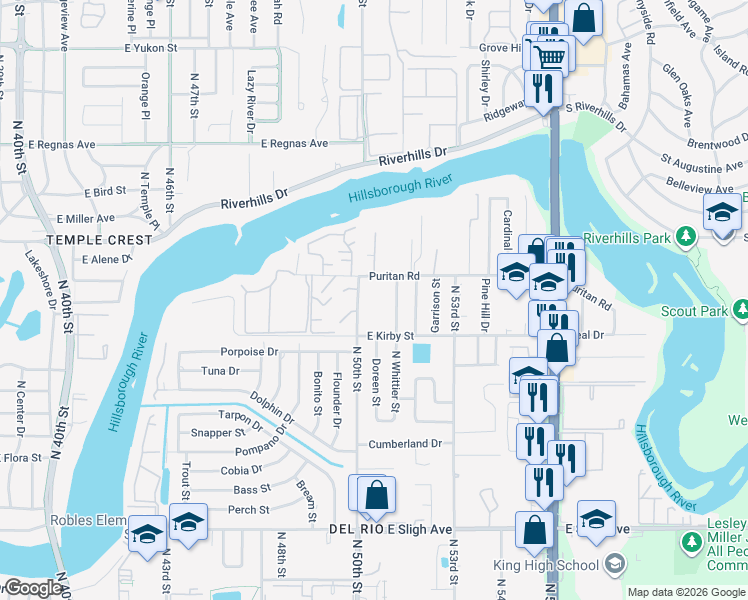 map of restaurants, bars, coffee shops, grocery stores, and more near 5005 Puritan Road in Tampa