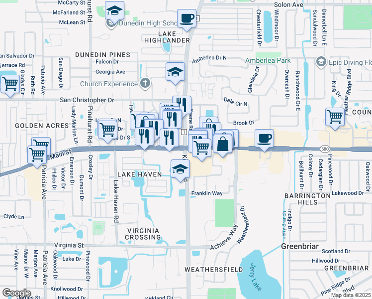 map of restaurants, bars, coffee shops, grocery stores, and more near Florida 580 in Dunedin