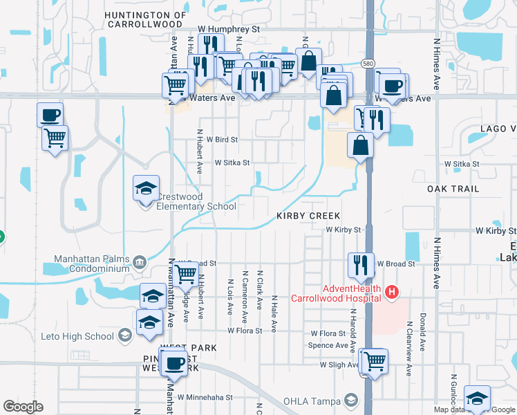map of restaurants, bars, coffee shops, grocery stores, and more near 7815 North Cameron Avenue in Tampa