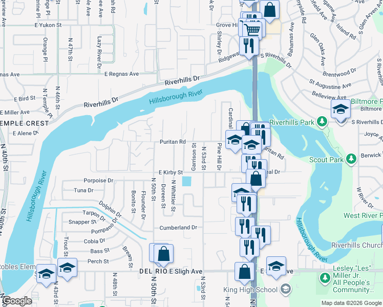map of restaurants, bars, coffee shops, grocery stores, and more near 7812 Garrison Street in Tampa