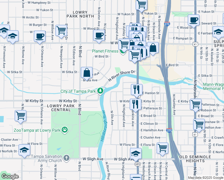 map of restaurants, bars, coffee shops, grocery stores, and more near 7804 North Highland Avenue in Tampa