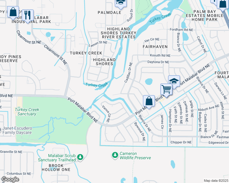 map of restaurants, bars, coffee shops, grocery stores, and more near 2641 Elm Drive Northeast in Palm Bay