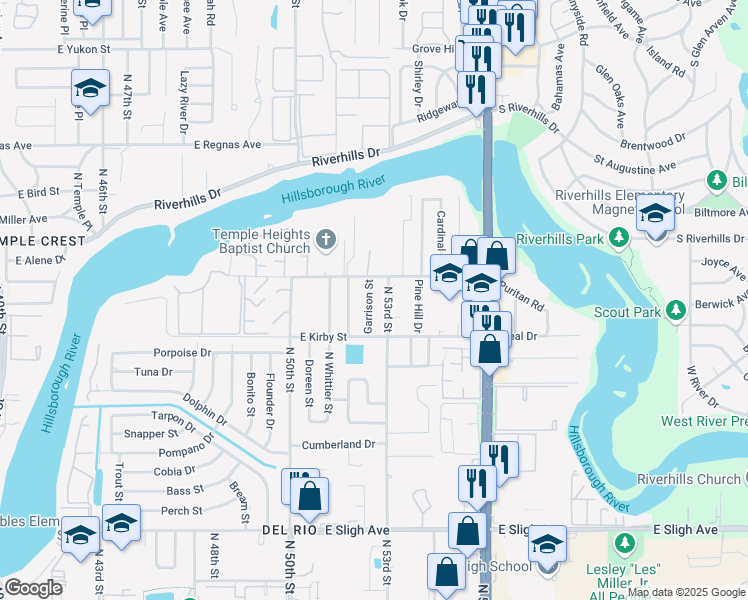map of restaurants, bars, coffee shops, grocery stores, and more near 7811 Garrison Street in Tampa