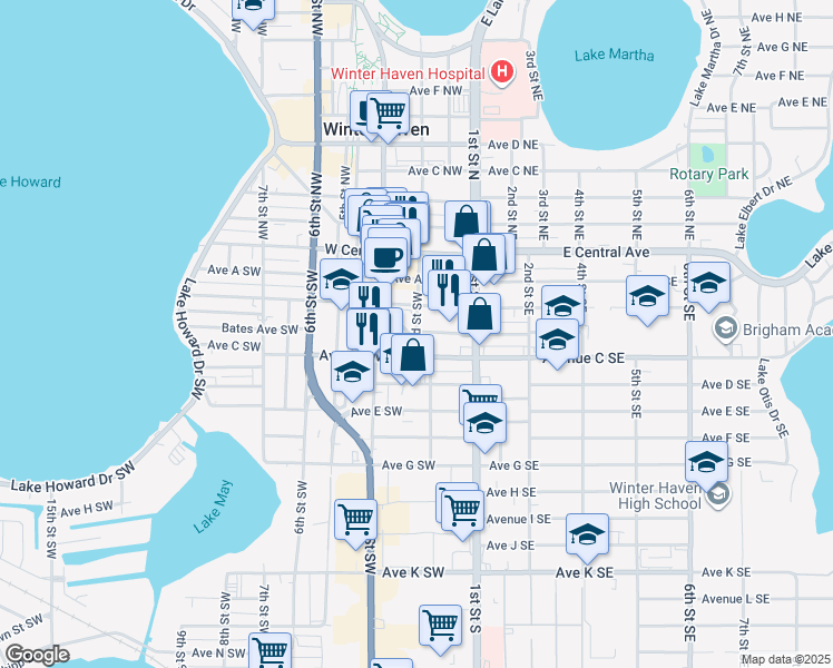 map of restaurants, bars, coffee shops, grocery stores, and more near 166 Avenue B Southwest in Winter Haven