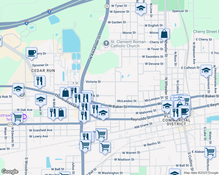 map of restaurants, bars, coffee shops, grocery stores, and more near 1206 Victoria Street in Plant City