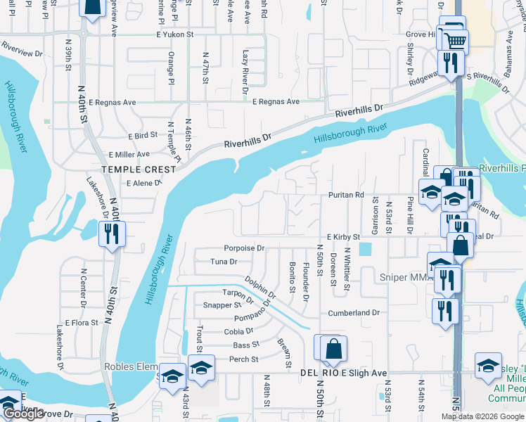 map of restaurants, bars, coffee shops, grocery stores, and more near 5106 Puritan Circle in Tampa