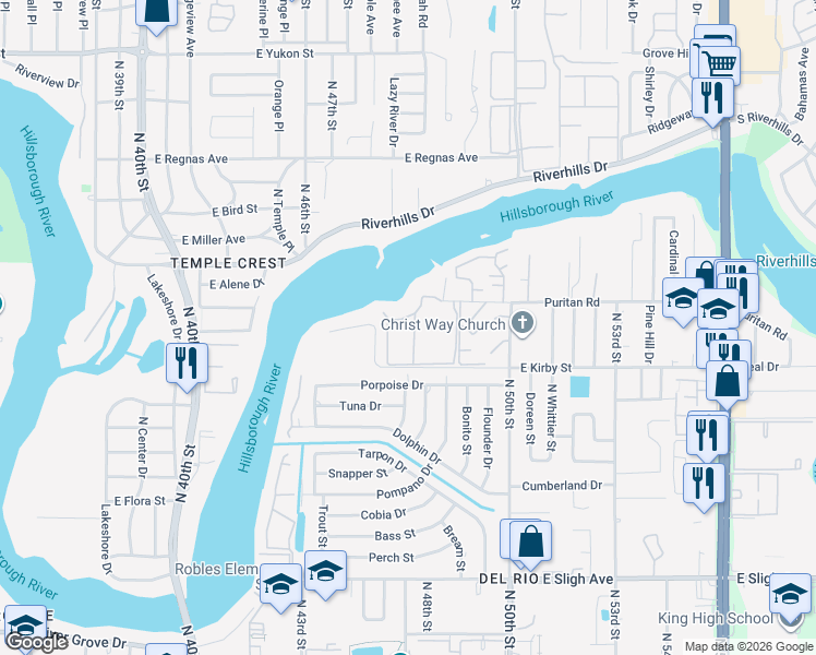 map of restaurants, bars, coffee shops, grocery stores, and more near 5106 Puritan Circle in Tampa