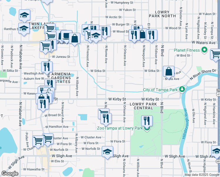 map of restaurants, bars, coffee shops, grocery stores, and more near 1700 West Hollywood Street in Tampa