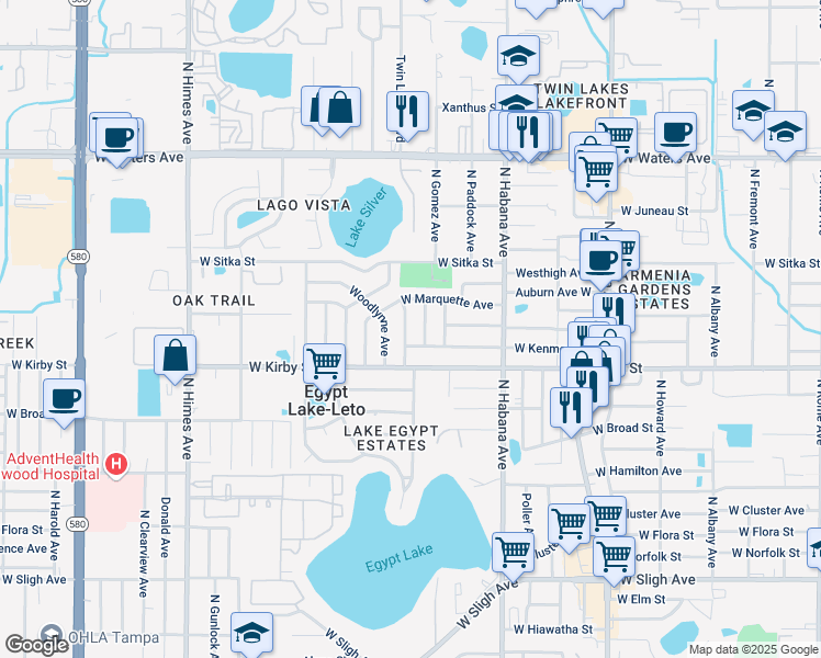 map of restaurants, bars, coffee shops, grocery stores, and more near 7820 Egypt Lake Drive in Tampa