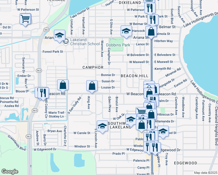 map of restaurants, bars, coffee shops, grocery stores, and more near 600 Louise Drive in Lakeland