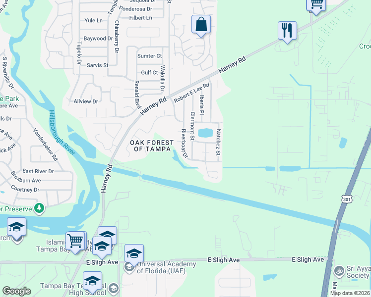 map of restaurants, bars, coffee shops, grocery stores, and more near 8225 Riverboat Drive in Tampa