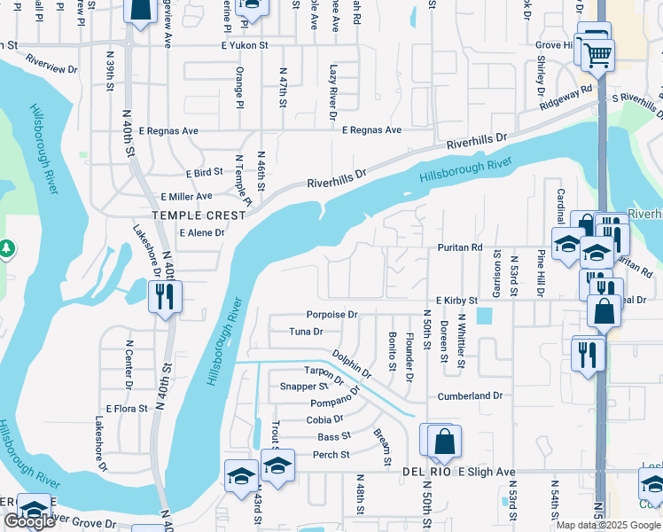 map of restaurants, bars, coffee shops, grocery stores, and more near 4506 Puritan Road in Tampa