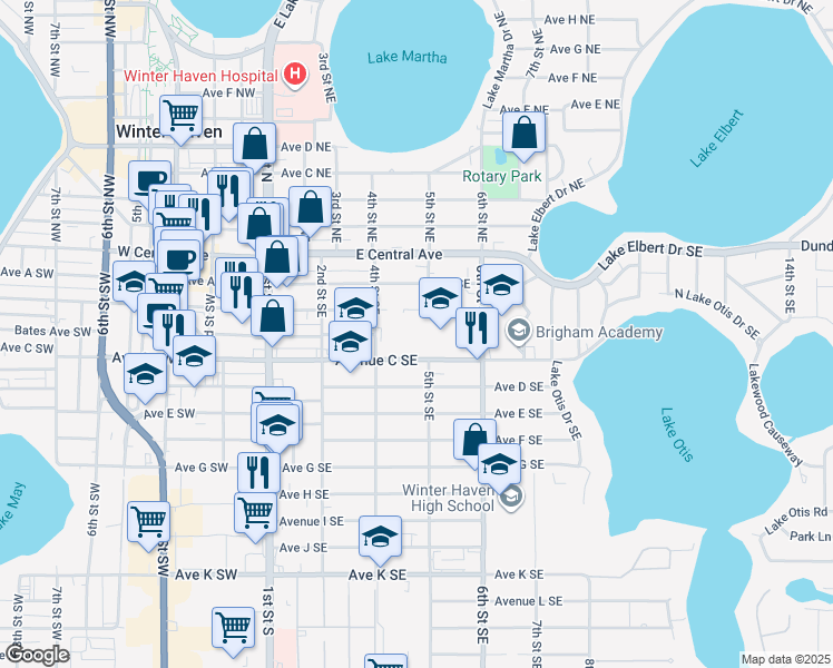 map of restaurants, bars, coffee shops, grocery stores, and more near 400 Avenue A Southeast in Winter Haven