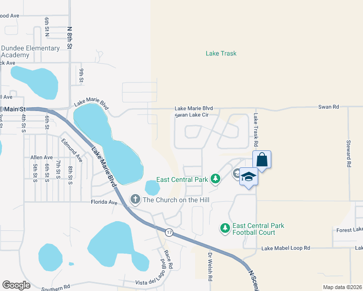 map of restaurants, bars, coffee shops, grocery stores, and more near 1484 Swan Lake Circle in Dundee