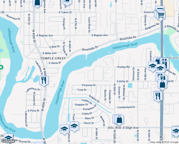 map of restaurants, bars, coffee shops, grocery stores, and more near 4506 Puritan Road in Tampa