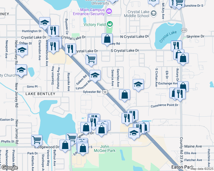 map of restaurants, bars, coffee shops, grocery stores, and more near 1815 Cordova Circle West in Lakeland