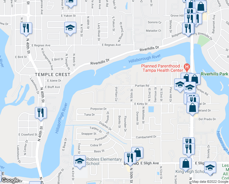 map of restaurants, bars, coffee shops, grocery stores, and more near 7890 Edward Spray Road in Tampa