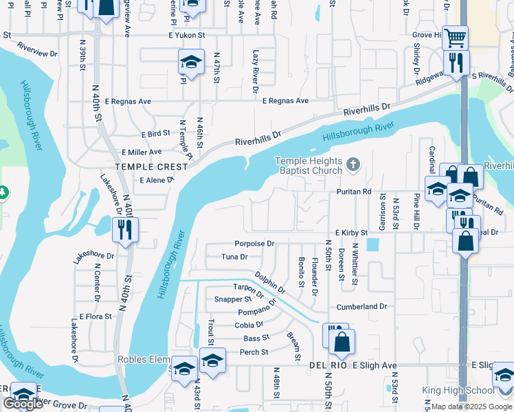 map of restaurants, bars, coffee shops, grocery stores, and more near 4506 Puritan Road in Tampa