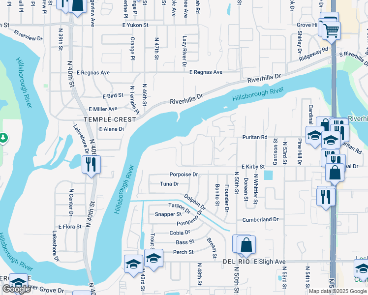 map of restaurants, bars, coffee shops, grocery stores, and more near 4506 Puritan Road in Tampa
