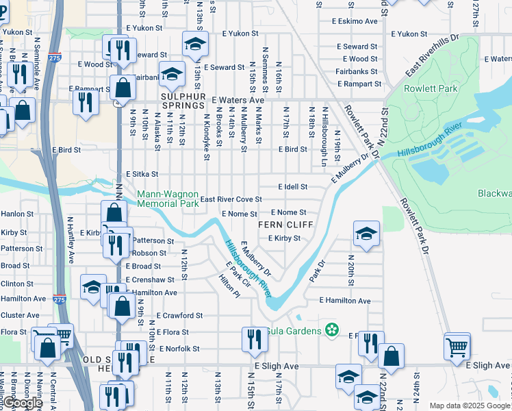 map of restaurants, bars, coffee shops, grocery stores, and more near 1504 East River Cove Street in Tampa