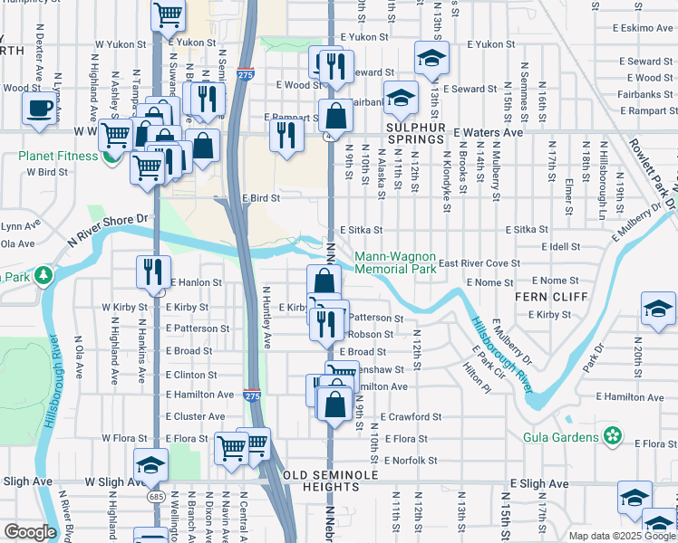map of restaurants, bars, coffee shops, grocery stores, and more near 915 Grant Avenue in Tampa