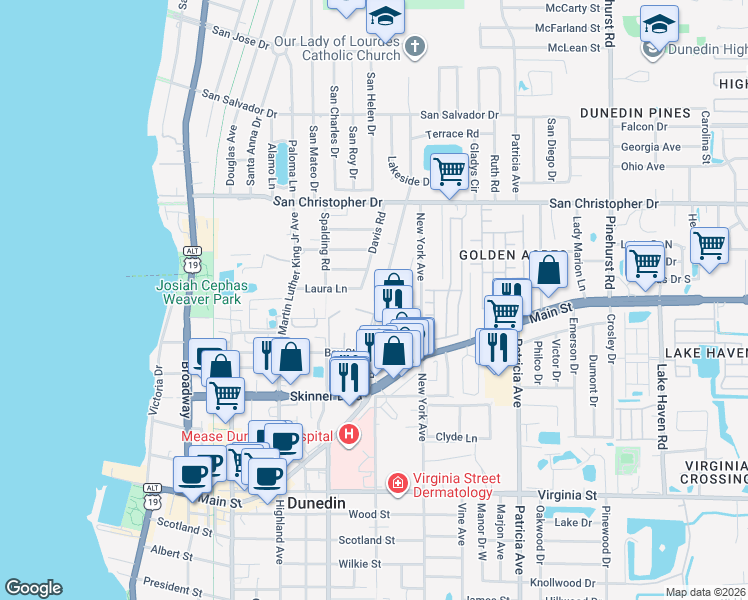 map of restaurants, bars, coffee shops, grocery stores, and more near 1209 Davis Road in Dunedin