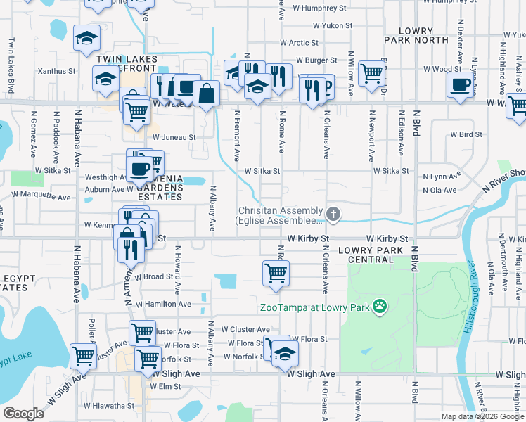 map of restaurants, bars, coffee shops, grocery stores, and more near 7916 North Packwood Avenue in Tampa