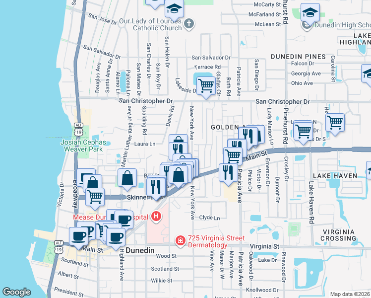 map of restaurants, bars, coffee shops, grocery stores, and more near 1215 Orange Avenue in Dunedin