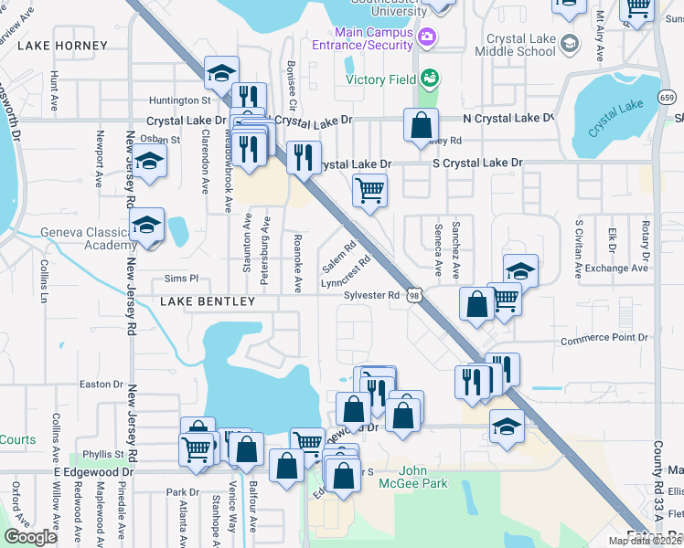 map of restaurants, bars, coffee shops, grocery stores, and more near 1824 Salem Road in Lakeland