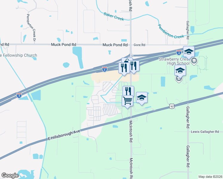 map of restaurants, bars, coffee shops, grocery stores, and more near 4774 Castlewood Road in Seffner