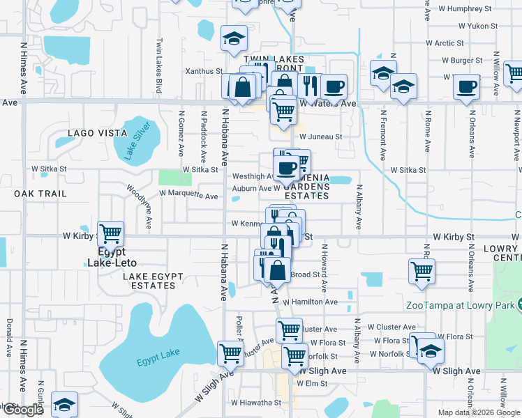 map of restaurants, bars, coffee shops, grocery stores, and more near 7912 North Saint Peter Avenue in Tampa