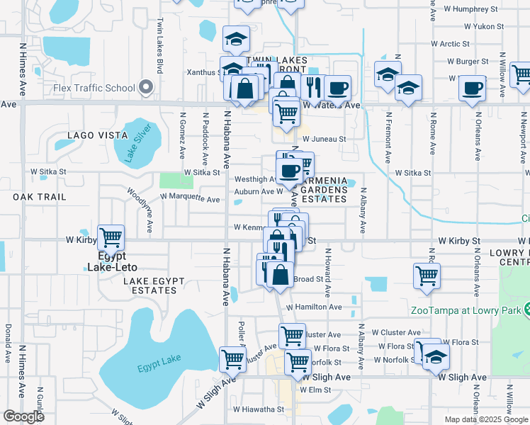 map of restaurants, bars, coffee shops, grocery stores, and more near 7912 North Saint Peter Avenue in Tampa