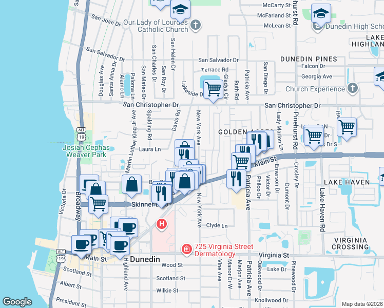 map of restaurants, bars, coffee shops, grocery stores, and more near 1215 Orange Avenue in Dunedin