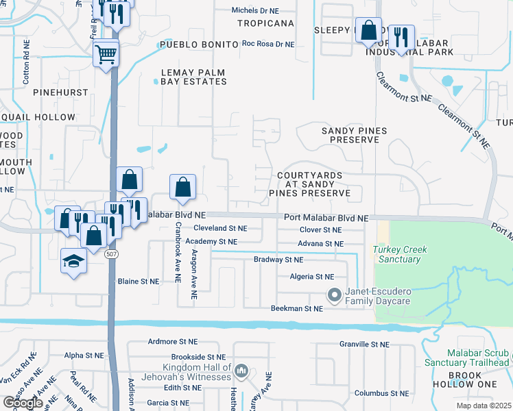 map of restaurants, bars, coffee shops, grocery stores, and more near 2006 Bluestem Circle Northeast in Palm Bay