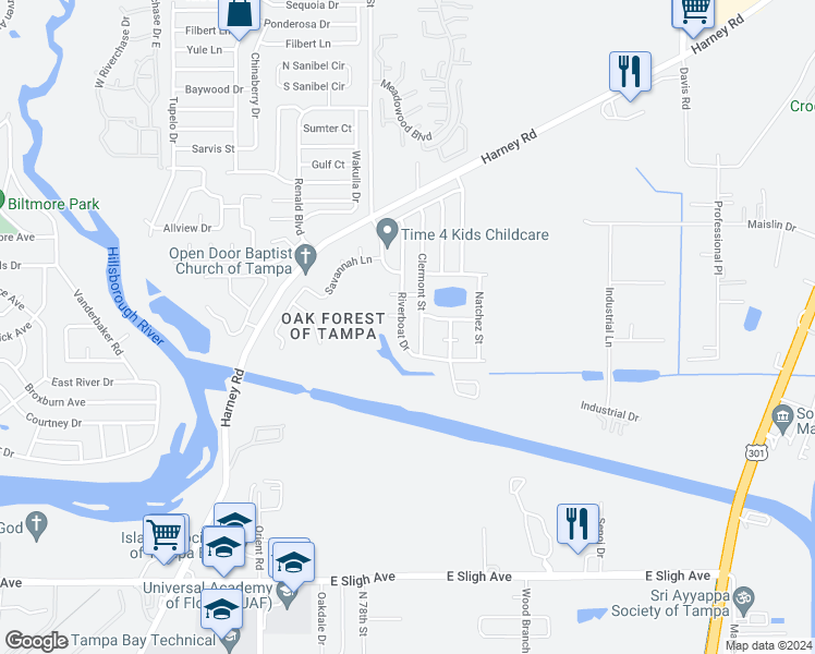 map of restaurants, bars, coffee shops, grocery stores, and more near 8227 Riverboat Drive in Tampa