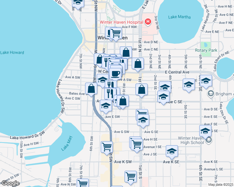map of restaurants, bars, coffee shops, grocery stores, and more near 201 3rd Street Southwest in Winter Haven