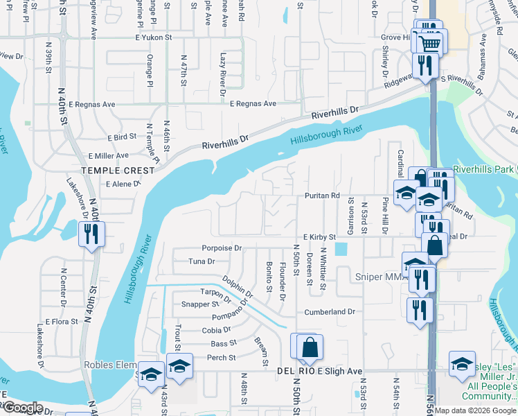 map of restaurants, bars, coffee shops, grocery stores, and more near 4719 Puritan Circle in Tampa