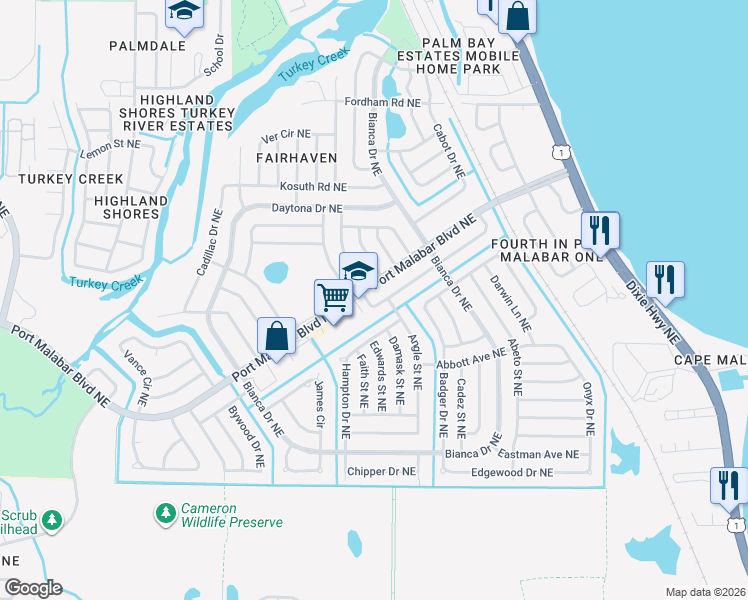 map of restaurants, bars, coffee shops, grocery stores, and more near 2234 Port Malabar Boulevard Northeast in Palm Bay