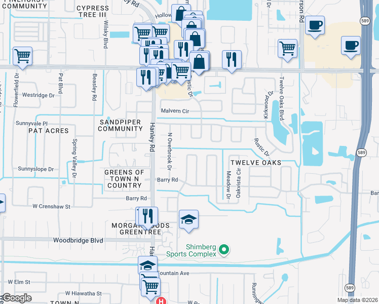 map of restaurants, bars, coffee shops, grocery stores, and more near 7900 Heather Court in Tampa