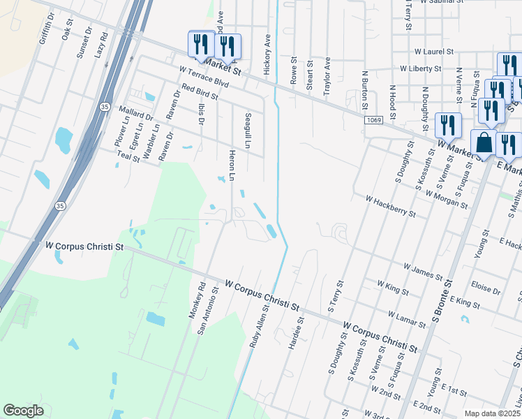map of restaurants, bars, coffee shops, grocery stores, and more near 1136 Heron Lane in Rockport