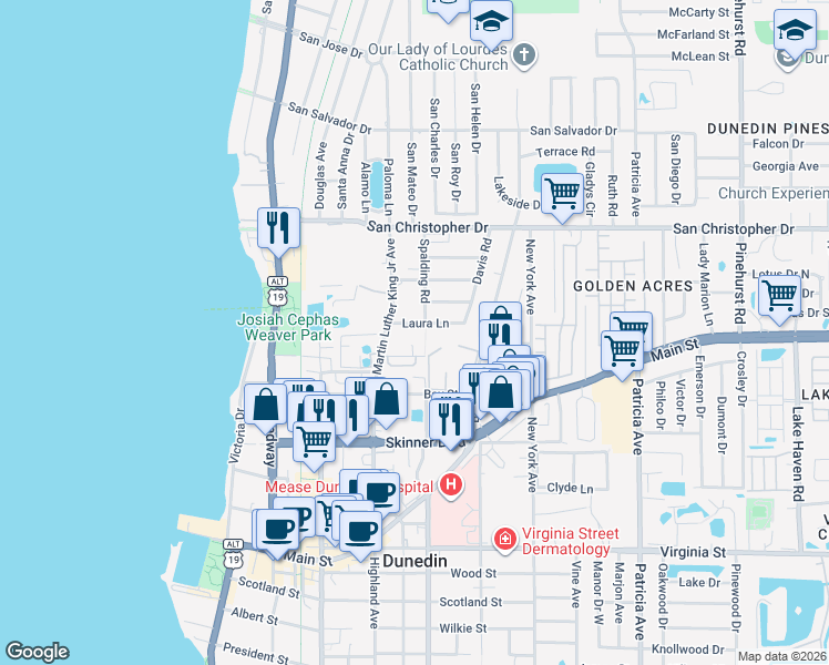 map of restaurants, bars, coffee shops, grocery stores, and more near 529 Laura Lane in Dunedin