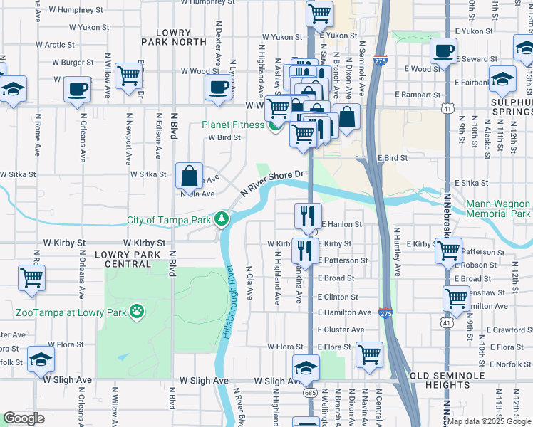 map of restaurants, bars, coffee shops, grocery stores, and more near 7804 North Highland Avenue in Tampa