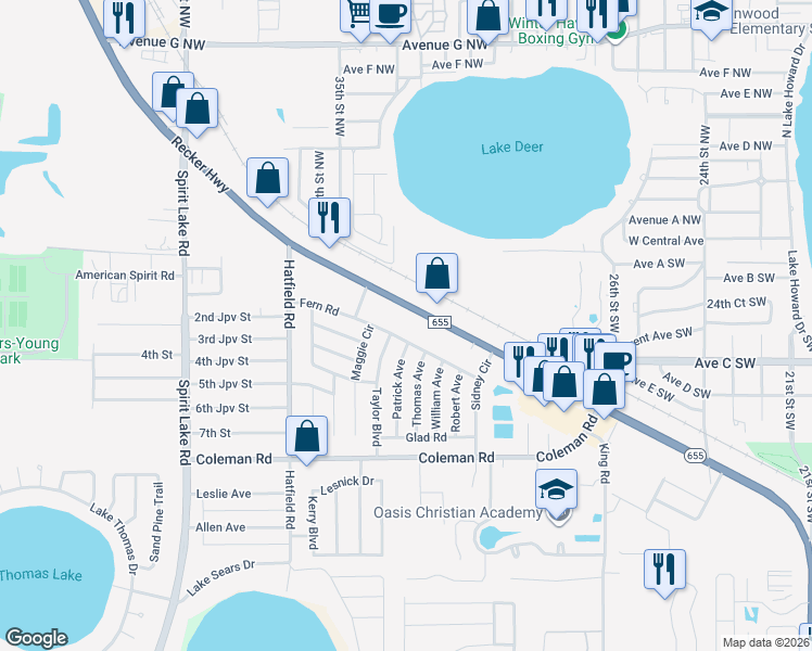 map of restaurants, bars, coffee shops, grocery stores, and more near 3460 Recker Highway in Winter Haven